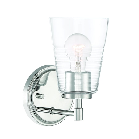 Designers Fountain Ingo 5in 1-Light Polished Nickel Modern Indoor Wall Sconce with Clear Ribbed Glass Shade D230M-1B-PN